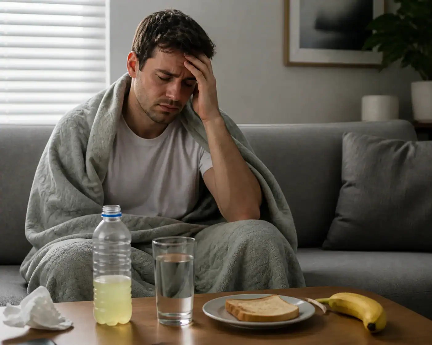 Man with Headache at Home Man with headache sitting on sofa with blanket water and toast at home