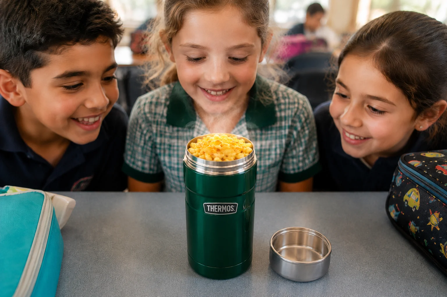 School Lunch Mac and cheese inside thermos food jar Three smiling children lean in to look at a green thermos filled with macaroni and cheese on a school lunch table