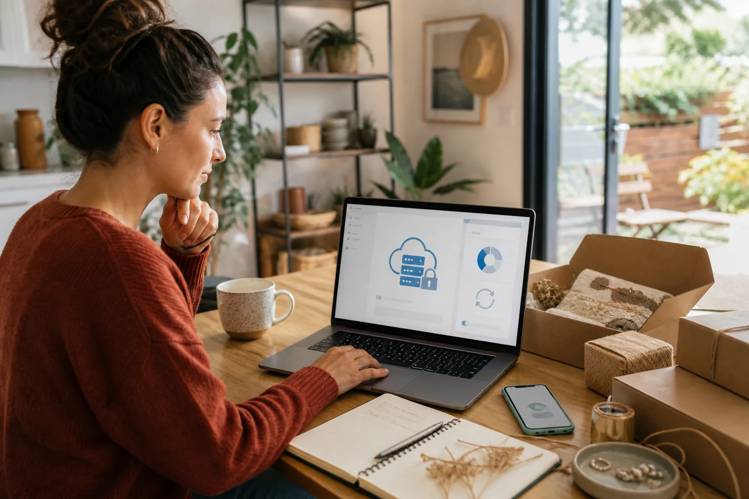 Woman Working on a Laptop at a Home Desk with a Cloud Security Dashboard on Woman working on a laptop at a home desk with a cloud security dashboard on screen surrounded by packed parcels and notes