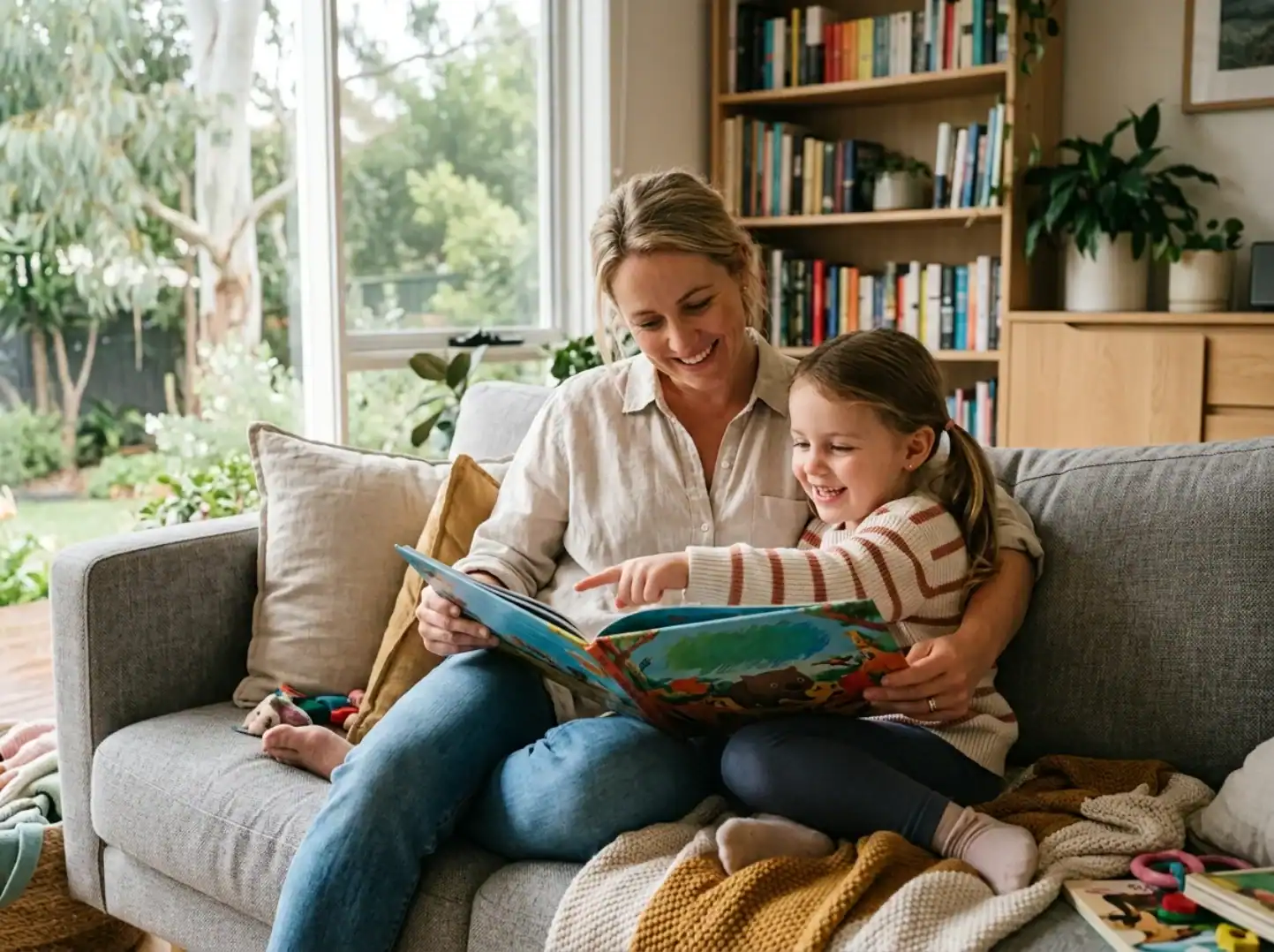 Mother and daughter sharing a storybook on a cozy sofa in a bright living room