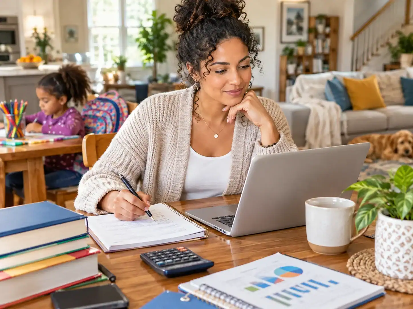 a Woman Works on a Laptop and Takes Notes at Home While a Child Draws Nearby A woman works on a laptop and takes notes at home while a child draws nearby