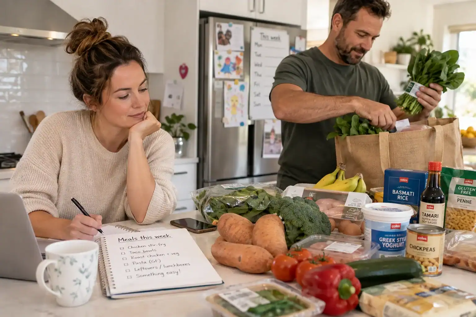 Mum and Dad Sorting out Groceries in the Kitchen Woman sits at a kitchen island writing a grocery list as a man bags fresh produce from a tote bag behind her