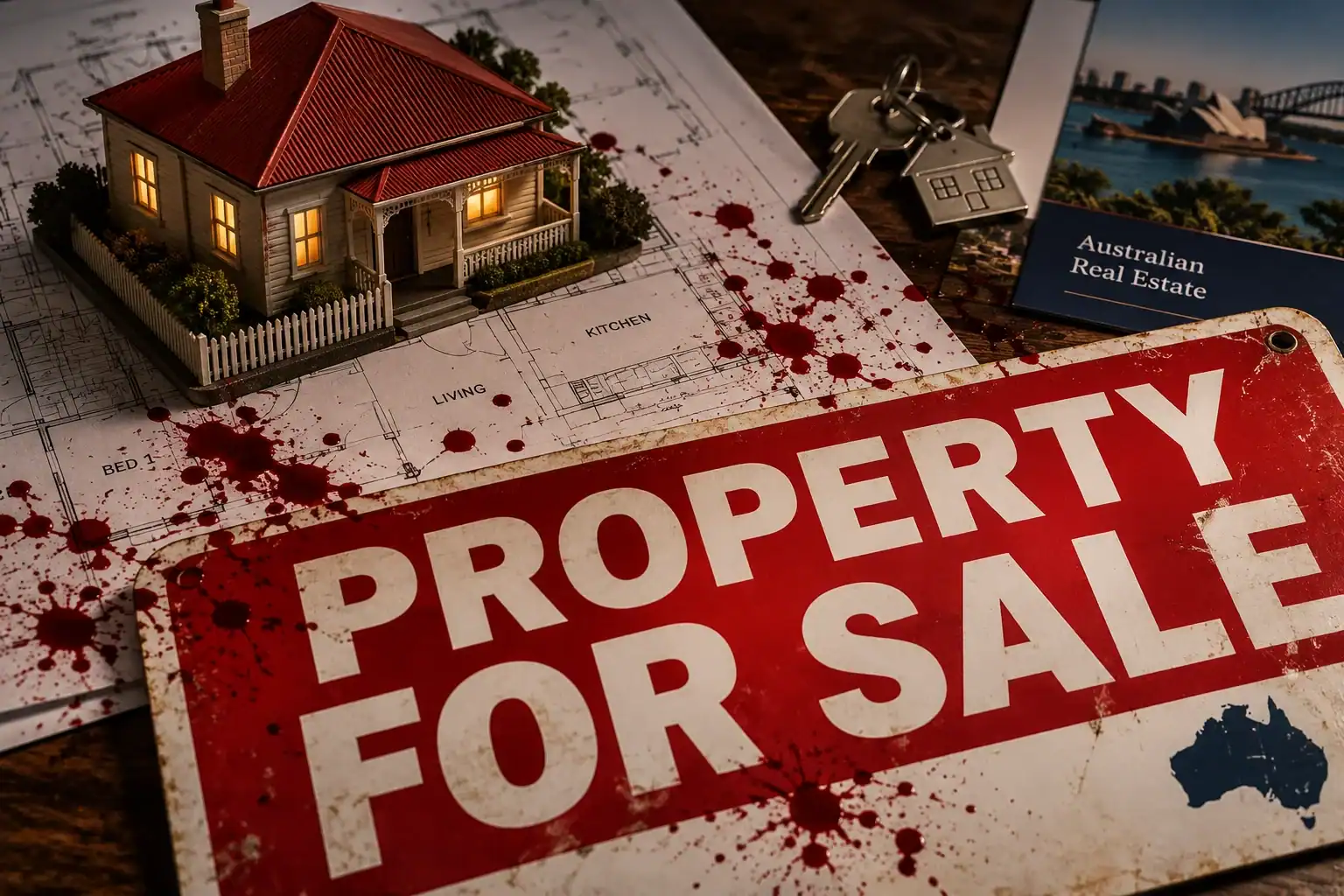 Property for sale sign with bloodstains house model and real estate documents