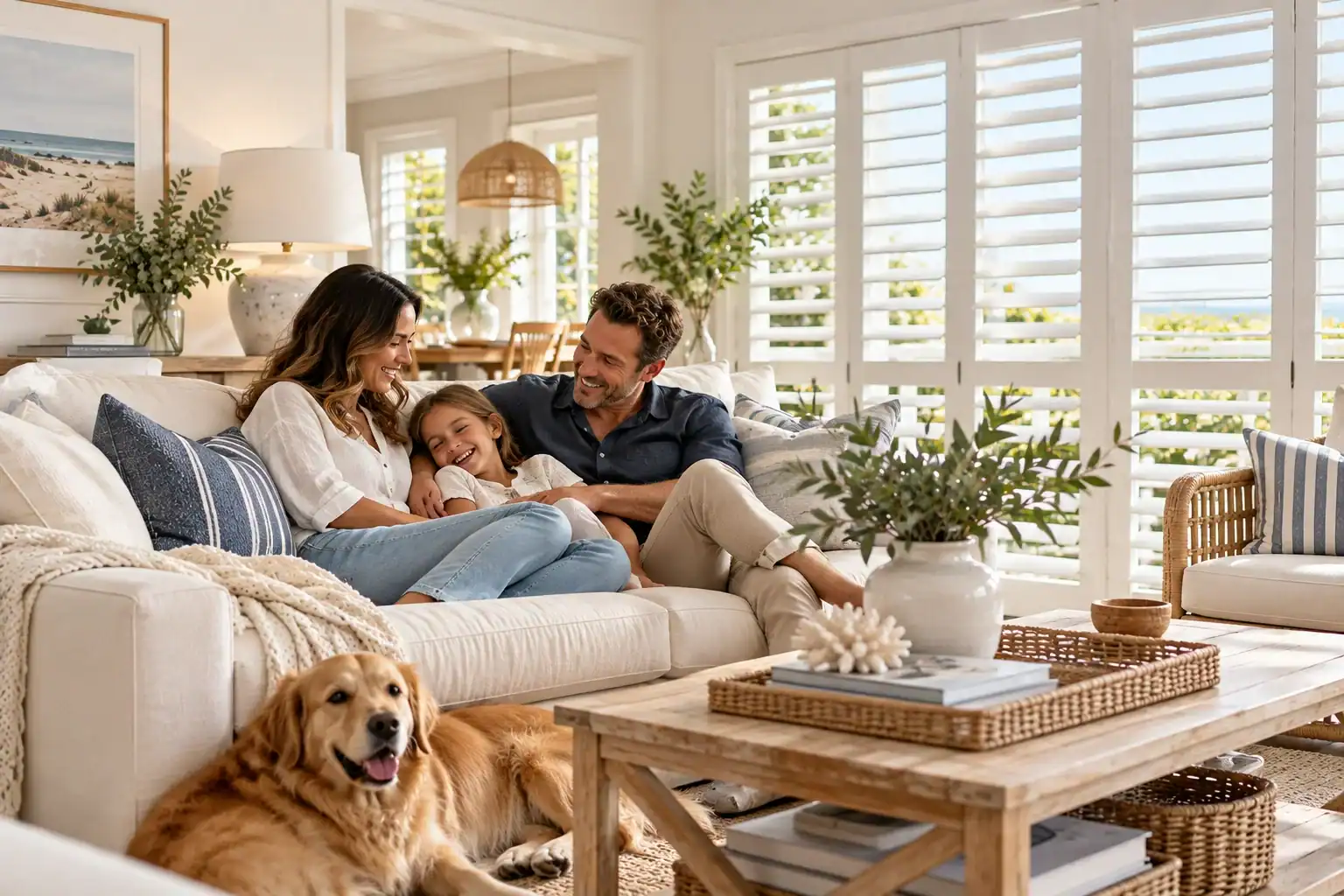 Styling Hacks to Bring the Hamptons Look to Your Aussie Home Family relaxing on a bright airy living room sofa with a dog and lush greenery outside