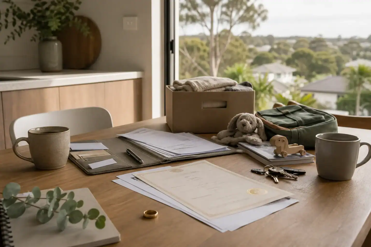 Table with documents a ring keys coffee cups folded clothes a toy and a childs bag beside a window